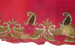 SMSAREE Pink & Cream Designer Wedding Partywear Georgette (Viscos) & Net Stone Bullion Beads Cutdana & Pearl Hand Embroidery Work Bridal Saree Sari With Blouse Piece F444