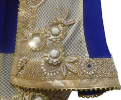 SMSAREE Blue & Golden Designer Wedding Partywear Georgette (Viscos) & Net Pearl Sequence Stone Bullion Beads Mirror & Zari Hand Embroidery Work Bridal Saree Sari With Blouse Piece F447