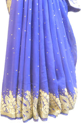 SMSAREE Blue Designer Wedding Partywear Georgette (Viscos) Stone Zari Cutdana & Thread Hand Embroidery Work Bridal Saree Sari With Blouse Piece F449