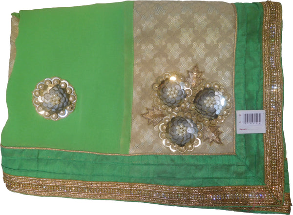 SMSAREE Green Designer Wedding Partywear Georgette (Viscos) Stone Pearl Sequence & Zari Hand Embroidery Work Bridal Saree Sari With Blouse Piece F450