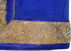 SMSAREE Blue Designer Wedding Partywear Georgette (Viscos) Stone Pearl Sequence Bullion Beads Thread & Zari Hand Embroidery Work Bridal Saree Sari With Blouse Piece F453
