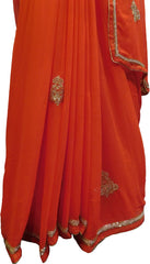 SMSAREE Orange Designer Wedding Partywear Georgette (Viscos) Beads Cutdana Mirror & Thread Hand Embroidery Work Bridal Saree Sari With Blouse Piece F454