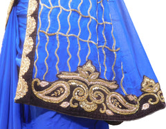SMSAREE Blue Designer Wedding Partywear Georgette (Viscos) Stone Cutdana Bullion Thread & Zari Hand Embroidery Work Bridal Saree Sari With Blouse Piece F455