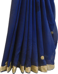 SMSAREE Blue Designer Wedding Partywear Georgette (Viscos) Cutdana & Zari Hand Embroidery Work Bridal Saree Sari With Blouse Piece F457