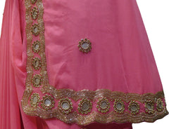 SMSAREE Pink Designer Wedding Partywear Georgette (Viscos) Stone Cutdana & Zari Hand Embroidery Work Bridal Saree Sari With Blouse Piece F458