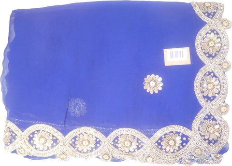 SMSAREE Blue Designer Wedding Partywear Georgette (Viscos) Stone Cutdana Thread Sequence & Zari Hand Embroidery Work Bridal Saree Sari With Blouse Piece F460
