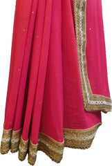 SMSAREE Pink Designer Wedding Partywear Georgette (Viscos) Stone Cutdana Mirror Bullion & Pearl Hand Embroidery Work Bridal Saree Sari With Blouse Piece F461