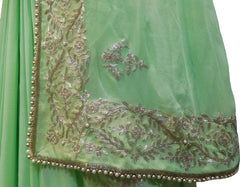 SMSAREE Green Designer Wedding Partywear Georgette (Viscos) Stone Cutdana Pearl & Zari Hand Embroidery Work Bridal Saree Sari With Blouse Piece F462