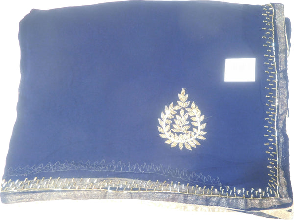 SMSAREE Blue Designer Wedding Partywear Georgette (Viscos) Cutdana Beads & Zari Hand Embroidery Work Bridal Saree Sari With Blouse Piece F463