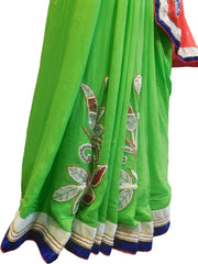 SMSAREE Red & Green Designer Wedding Partywear Georgette (Viscos) Stone Cutdana Pearl Bullion Thread & Zari Hand Embroidery Work Bridal Saree Sari With Blouse Piece F465