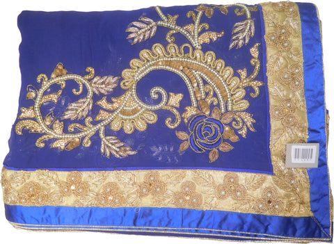 SMSAREE Blue Designer Wedding Partywear Georgette (Viscos) Stone Cutdana Pearl Bullion Thread & Zari Hand Embroidery Work Bridal Saree Sari With Blouse Piece F468