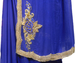 SMSAREE Blue Designer Wedding Partywear Georgette (Viscos) Stone Cutdana Beads Thread & Zari Hand Embroidery Work Bridal Saree Sari With Blouse Piece F475