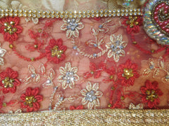 SMSAREE Cream & Red Designer Wedding Partywear Brasso & Net Stone Cutdana Beads Thread & Zari Hand Embroidery Work Bridal Saree Sari With Blouse Piece F476