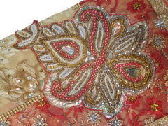 SMSAREE Cream & Red Designer Wedding Partywear Brasso & Net Stone Cutdana Beads Thread & Zari Hand Embroidery Work Bridal Saree Sari With Blouse Piece F476