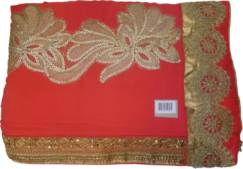 SMSAREE Orange Designer Wedding Partywear Georgette (Viscos) Stone Sequence & Zari Hand Embroidery Work Bridal Saree Sari With Blouse Piece F478
