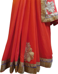 SMSAREE Orange & Yellow Designer Wedding Partywear Georgette (Viscos) Stone Pearl & Bullion Hand Embroidery Work Bridal Saree Sari With Blouse Piece F485