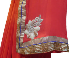 SMSAREE Orange & Yellow Designer Wedding Partywear Georgette (Viscos) Stone Pearl & Bullion Hand Embroidery Work Bridal Saree Sari With Blouse Piece F485
