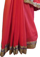 SMSAREE Pink & Orange Designer Wedding Partywear Georgette (Viscos) Stone Pearl & Bullion Hand Embroidery Work Bridal Saree Sari With Blouse Piece F486