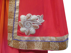 SMSAREE Pink & Orange Designer Wedding Partywear Georgette (Viscos) Stone Pearl & Bullion Hand Embroidery Work Bridal Saree Sari With Blouse Piece F486