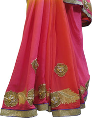 SMSAREE Pink Orange & Yellow Designer Wedding Partywear Georgette (Viscos) Gota & Zari Hand Embroidery Work Bridal Saree Sari With Blouse Piece F487