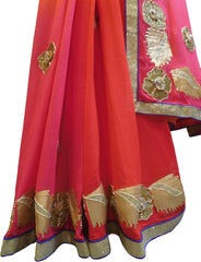 SMSAREE Pink Orange & Red Designer Wedding Partywear Georgette (Viscos) Gota & Zari Hand Embroidery Work Bridal Saree Sari With Blouse Piece F488