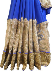 SMSAREE Blue & Golden Designer Wedding Partywear Georgette (Viscos) & Net Beads Stone Zari & Thread Hand Embroidery Work Bridal Saree Sari With Blouse Piece F489