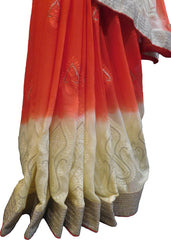 SMSAREE Red & Cream Designer Wedding Partywear Georgette (Viscos) Thread & Zari Hand Embroidery Work Bridal Saree Sari With Blouse Piece F491