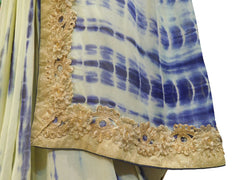 SMSAREE Cream & Blue Designer Wedding Partywear Georgette (Viscos) Stone & Zari Hand Embroidery Work Bridal Saree Sari With Blouse Piece F492