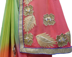 SMSAREE Pink Green & Orange Designer Wedding Partywear Georgette (Viscos) Gota & Zari Hand Embroidery Work Bridal Saree Sari With Blouse Piece F493