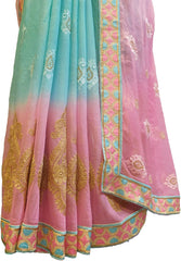 SMSAREE Pink & Turquoise Designer Wedding Partywear Chiffon Thread & Zari Hand Embroidery Work Bridal Saree Sari With Blouse Piece F496