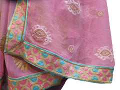 SMSAREE Pink & Turquoise Designer Wedding Partywear Chiffon Thread & Zari Hand Embroidery Work Bridal Saree Sari With Blouse Piece F496