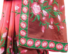 SMSAREE Gajari & Brown Designer Wedding Partywear Chiffon Thread Hand Embroidery Work Bridal Saree Sari With Blouse Piece F498