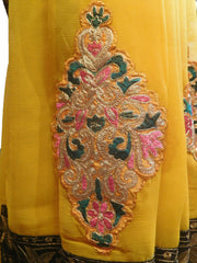 SMSAREE Yellow Designer Wedding Partywear Chiffon Thread & Zari Hand Embroidery Work Bridal Saree Sari With Blouse Piece F499