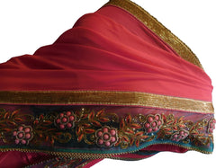 SMSAREE Pink Designer Wedding Partywear Georgette (Viscos) Cutdana Stone Thread Zari & Sequence Hand Embroidery Work Bridal Saree Sari With Blouse Piece F500