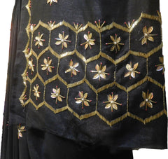 SMSAREE Black Designer Wedding Partywear Silk Cutdana Beads & Pearl Hand Embroidery Work Bridal Saree Sari With Blouse Piece F506