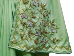 SMSAREE Green Designer Wedding Partywear Silk Cutdana Beads Stone Thread & Sequence Hand Embroidery Work Bridal Saree Sari With Blouse Piece F513