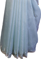 SMSAREE Blue Designer Wedding Partywear Silk Cutdana Bullion & Stone Hand Embroidery Work Bridal Saree Sari With Blouse Piece F514