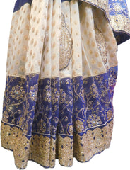 SMSAREE Cream & Blue Designer Wedding Partywear Georgette & Net Zari Stone & Thread Hand Embroidery Work Bridal Saree Sari With Blouse Piece F515