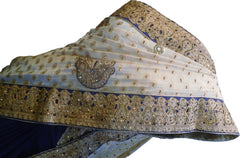 SMSAREE Cream & Blue Designer Wedding Partywear Georgette & Net Zari Stone & Thread Hand Embroidery Work Bridal Saree Sari With Blouse Piece F515