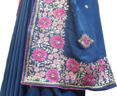 SMSAREE Blue Designer Wedding Partywear Crepe (Chinon) Zari Beads Sequence & Thread Hand Embroidery Work Bridal Saree Sari With Blouse Piece F519