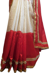 SMSAREE Red & White Designer Wedding Partywear Silk Zari & Stone Hand Embroidery Work Bridal Saree Sari With Blouse Piece F524