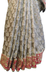 SMSAREE Grey Designer Wedding Partywear Silk Zari & Stone Hand Embroidery Work Bridal Saree Sari With Blouse Piece F526