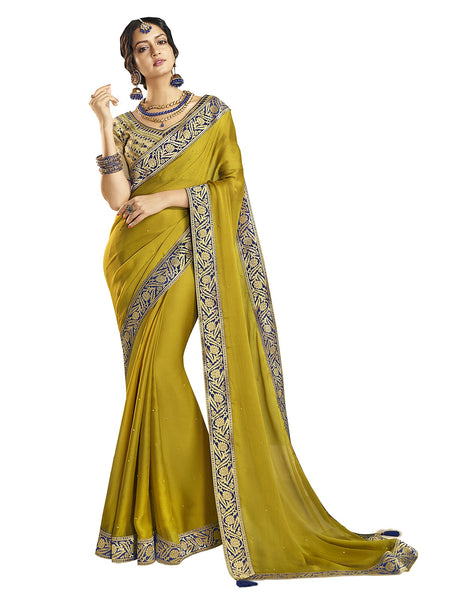 Olive Green Chiffon Jacquard Border Full Saree Sari