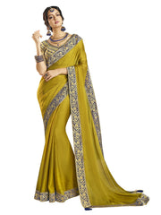 Olive Green Chiffon Jacquard Border Full Saree Sari