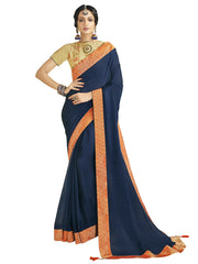 Navy Blue Chiffon Jacquard Border Full Saree Sari