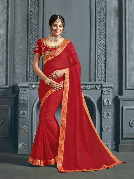 Red Chiffon Jacquard Border Full Saree Sari