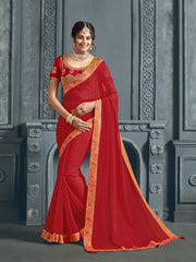 Red Chiffon Jacquard Border Full Saree Sari