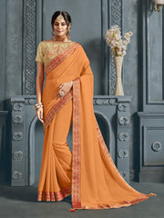 Orange Chiffon Jacquard Border Full Saree Sari