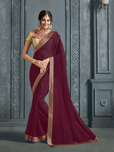 Maroon Chiffon Jacquard Border Full Saree Sari