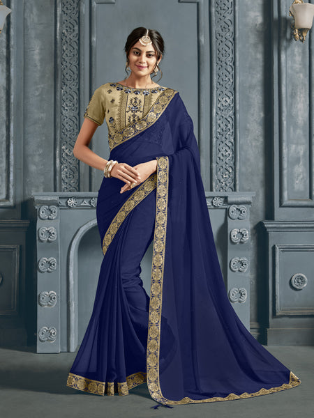 Navy Blue Chiffon Jacquard Border Full Saree Sari